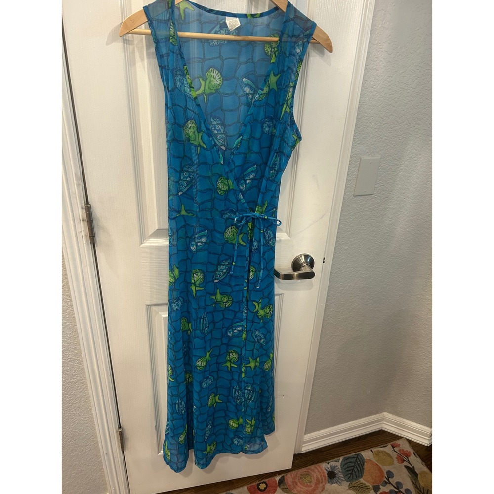 Lands End Wrap Dress Blue Mesh Sheer‎ Sea Shell Starfish Beach Cover Up Medium